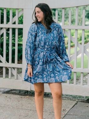 Clara The Label Blue Floral Long-Sleeve Mini Dress L New